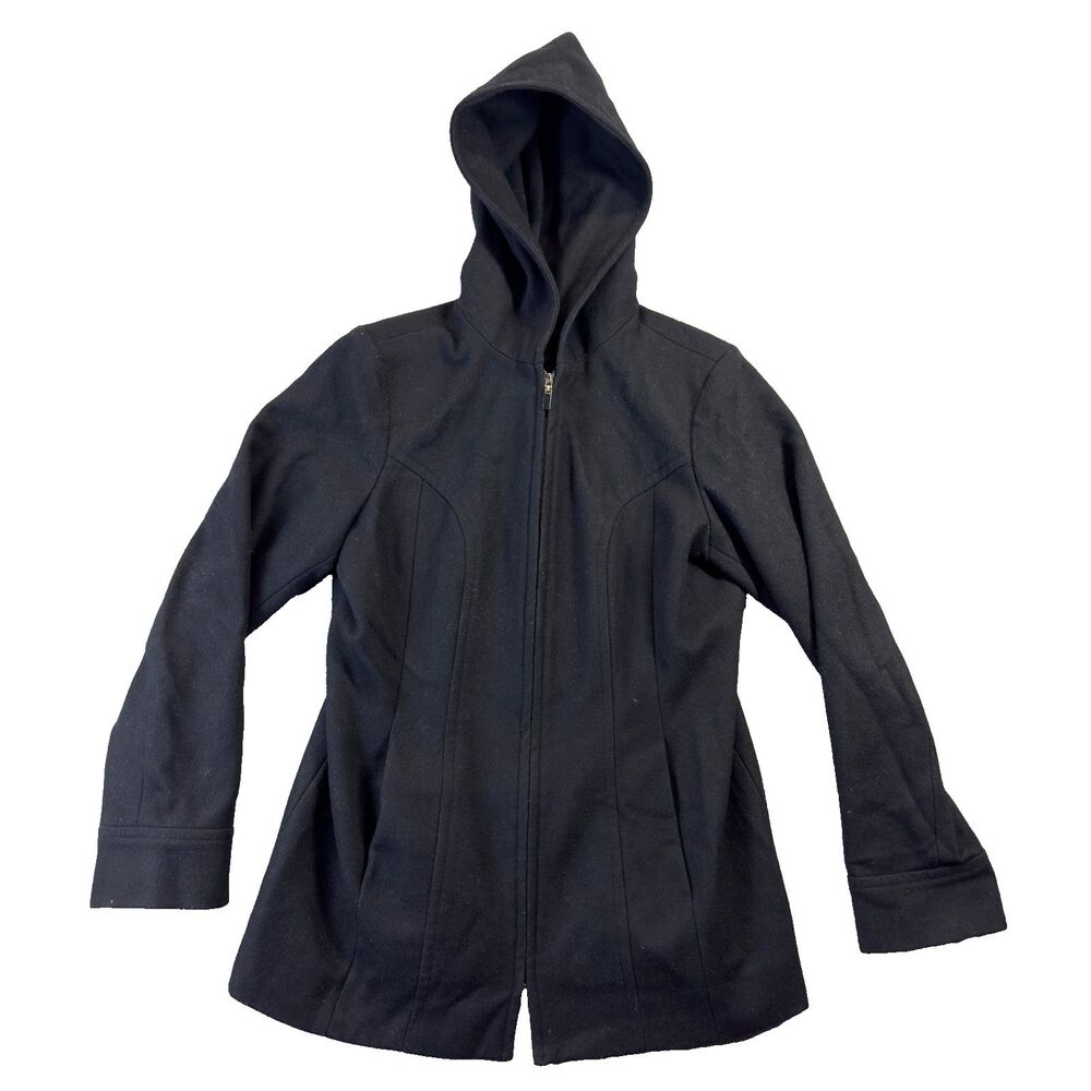 London Fog Jacket Womens Medium Black Hooded Full Zip Front Pockets Classy Warm